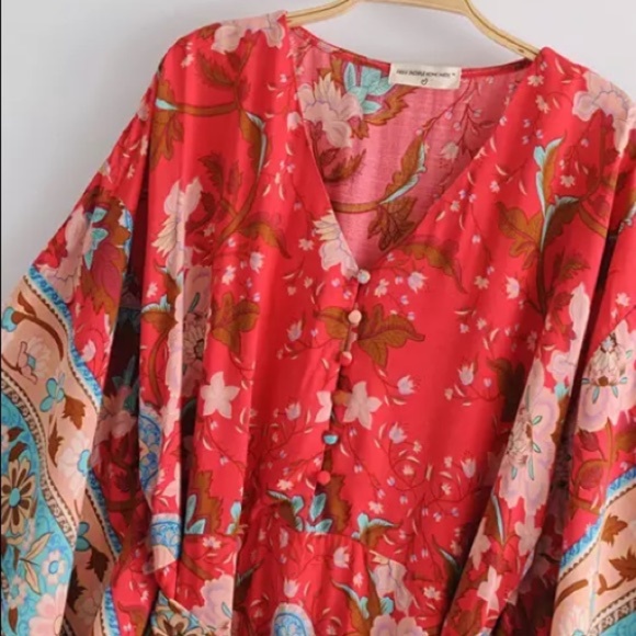 SOLD OUT Red Floral Gypsy Kimono Duster Maxi Dress - Picture 11 of 16